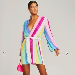 Retrofete Gabrielle Robe Dress Sequin Wrap Mini Dress RAINBOW🌈 Small S